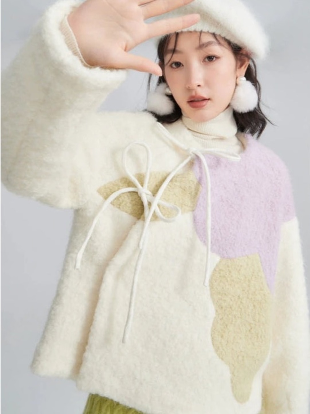 Contrasting Peony Petals New Chinese Style Teddy Wool Qipao Jacket